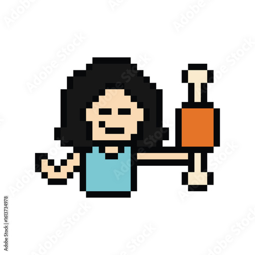 Pixel art cute cartoon 8bit character woman eat food meat hungry delicious lifestyle decor restaurant 8 bit female girl meal isolated png vector.