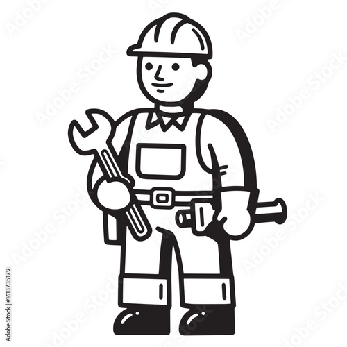 Illustration of a handyman in overalls holding a wrench and pipe wrench