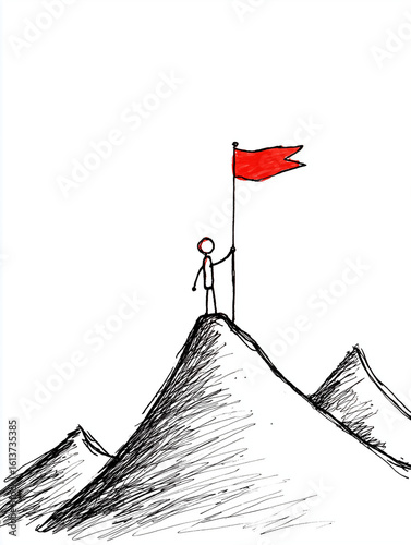 Stick figure planting red flag on mountain summit on white background, illustration