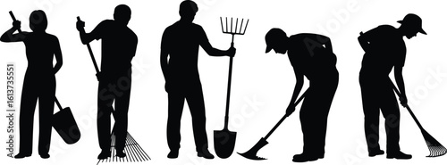 Gardening people silhouette, men and women garden workers, farming tools silhouettes, shovel rake pitchfork hoe, agricultural labor figures, outdoor work silhouette