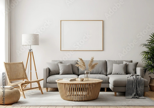 Photo of a cozy living room with a grey sectional sofa, a wicker chair, and an empty picture frame