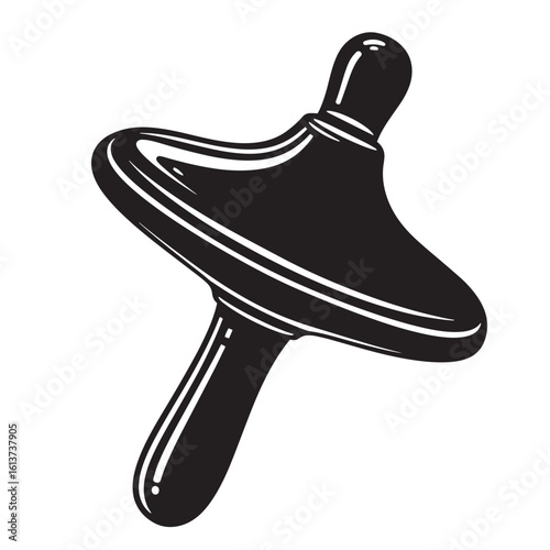 Simple black and white illustration of a spinning top toy isolated on a white background