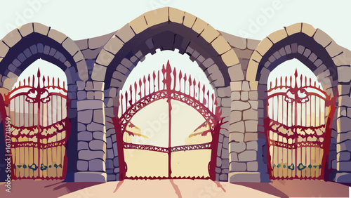 Collection of medieval castle gates featuring fantasy-style archways, sturdy wooden doors, and portcullis, perfect for fantasy art, games, or historical themes.
