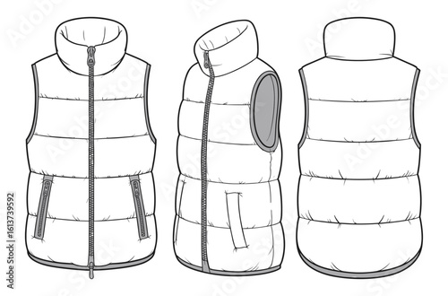 Puffer vest jacket flat sketch, front side back view, high neck zip design, CAD fashion drawing vector apparel illustration