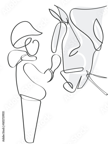 hand drawn line art vector of a boy caressing horse. Poster art elements 