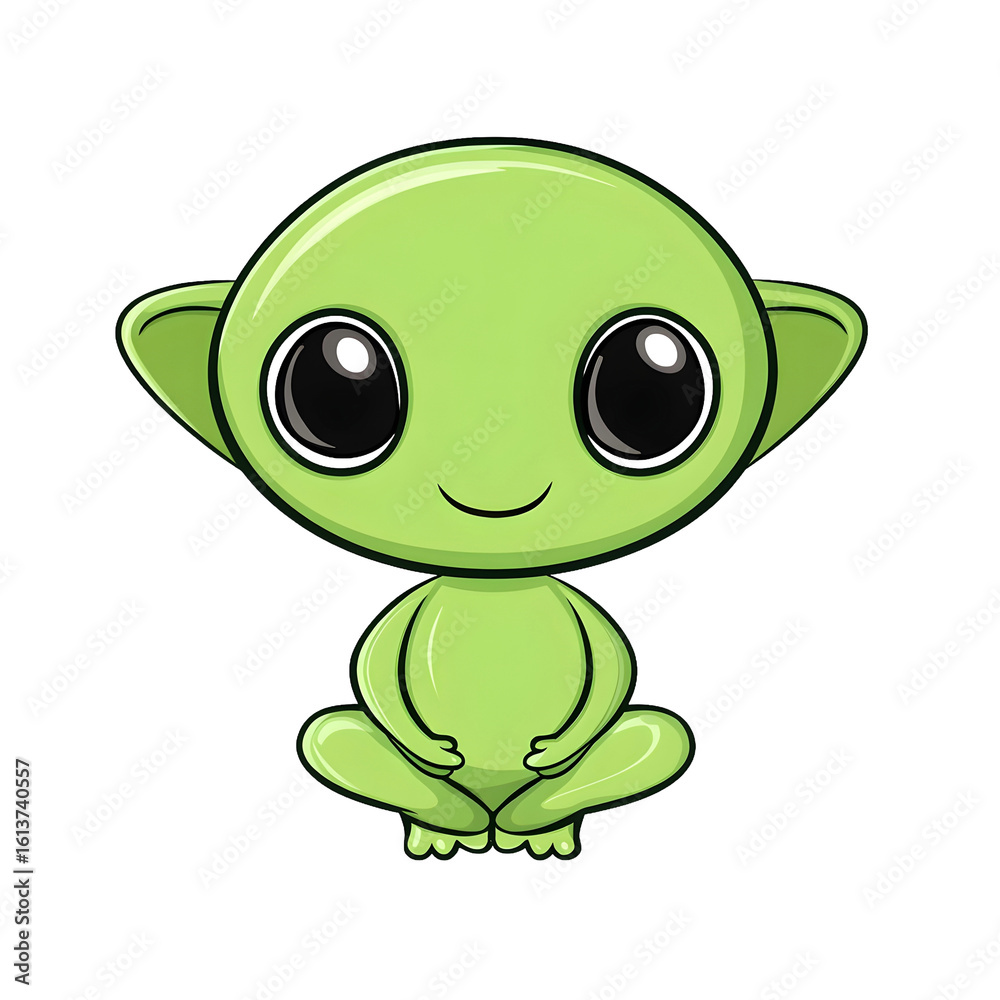 Fototapeta premium Cute green alien character sitting with a joyful expression in a whimsical style on a white background