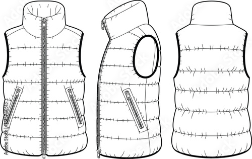Puffer vest jacket flat sketch, front side back view, high neck zip design, CAD fashion drawing vector apparel illustration