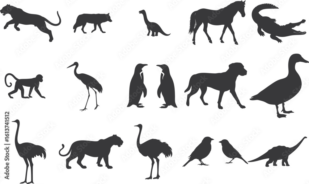 Obraz premium Different type animals silhouette set collection. Animal vector bundle Illustration black and white editable eps, Amphibian, Chicken, Dinosaur, Dog, graphic, Duck, Horse, Monkey