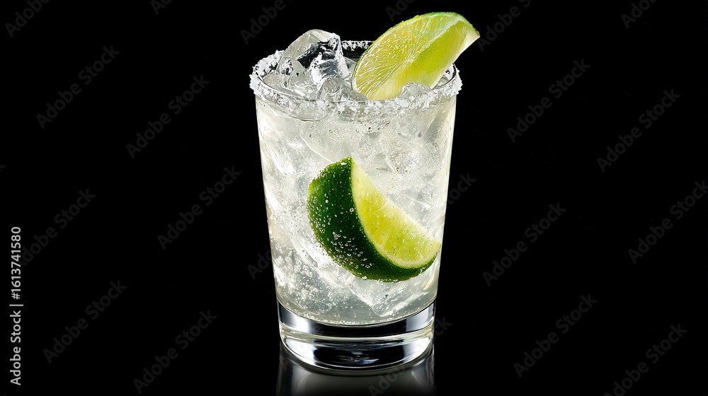 A clear shot of a beverage with two slices of lime on either side of the glass A clear shot of a beverage with two slices of lime on either side of the glass