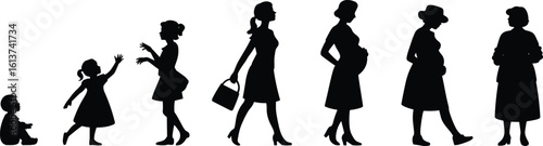 Female life stages vector – silhouette from baby girl to mature woman, woman age progression illustration, female growth timeline