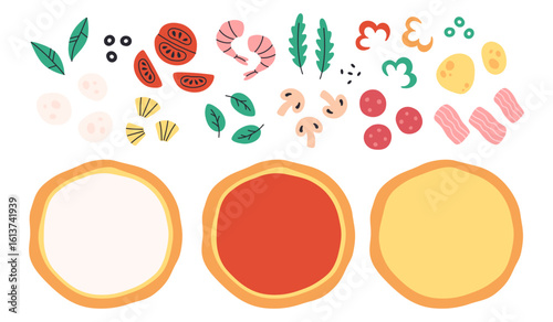 Pizza constructor ingredients. Cheese, tomatoes, peppers, mushrooms, mozzarella, shrimps, pineapples, bacon, sausage, arugula, basial. Tasty hand drawn Italian pizza. Vector illustration in trendy fla