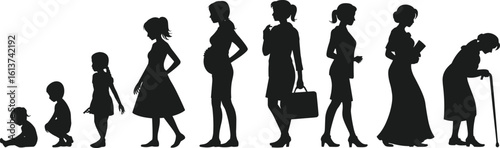 Female life cycle silhouette – girl to elderly woman evolution, growing stages vector, woman timeline from baby to old age