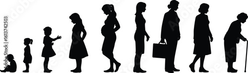 Female life stages silhouette – woman growing from baby to elderly lady, generational aging evolution vector, motherhood to old age