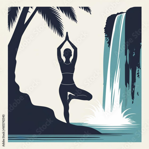 Silhouette of a woman performing yoga tree pose near a tropical waterfall and palm tree