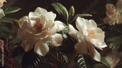 Close Up of White Gardenia Blossoms with Green Leaves Against Dark Background