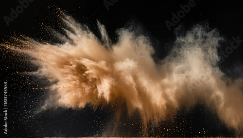 Splashes of golden powder and smoke on a black background create a mysterious and dynamic moment.