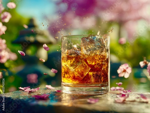Whiskey Glass with Ice and Cherry Blossoms on Wooden Table