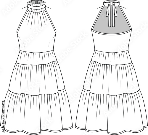 Sleeveless tiered halter dress flat sketch, back tie neck, gathered layers, front and back view, CAD fashion vector illustration