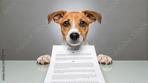 Dog insurance policy document paw table paper pet animal humor cute brown white indoor looking front reflection funny protection contract agreement legal business office responsibility care safety
