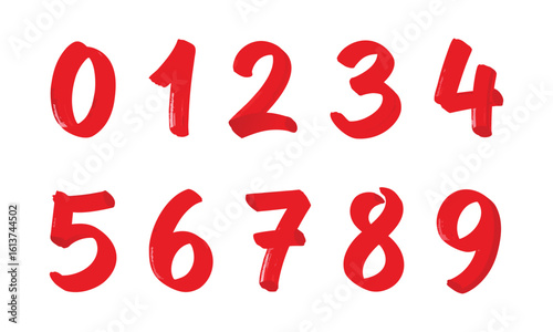 0 to 9 Numbers Set. Hand Drawn brush lettering Number Digit Zero to Nine Numeric Letters in Red Color, Vector Art.