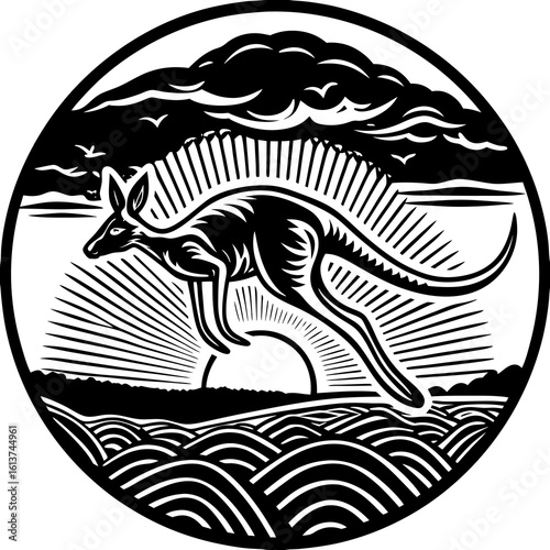 Kangaroo Silhouette Jumping Across Glowing Horizon