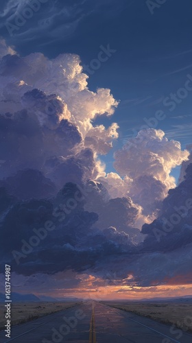 A dramatic and moody digital illustration of a powerful summer monsoon storm gathering over a lonely highway in the New Mexico high desert. Ideal for a cinematic and atmospheric phone wallpaper.