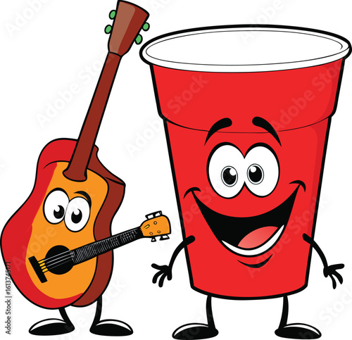 Funny cartoon rock guitar player with a red electric guitar