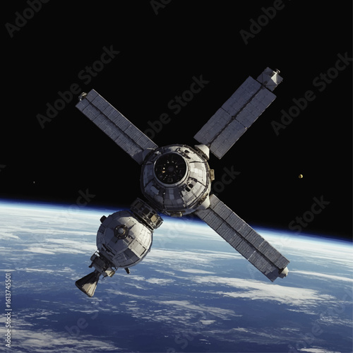 A space station orbits Earth, with solar panels extended against the backdrop of space and the planet's blue atmosphere.