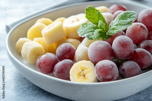 A refreshing bowl filled with frozen bananas and juicy grapes.