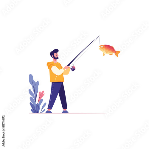 Happy fisherman catching fish with fishing rod vector illustration isolated on white background concept for print web design banner poster sticker card and