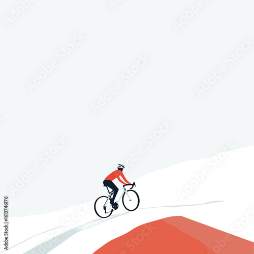 Cyclist riding uphill on a snowy mountain road, vector illustration for sports, fitness, and outdoor adventure themes, perfect for posters, banners, and website