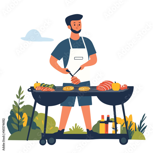 Man Grilling Meat and Vegetables Outdoors Summer Barbecue Party Picnic Cookout Backyard Chef Grilling Food on a Charcoal Grill Vector Illustration
