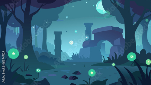 A dark vector illustration of a night city landscape beneath a moonlit sky, with blue light reflecting on the ocean water where fish and sharks swim amongst coral reefs