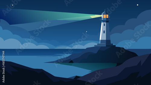 A beacon of white architecture, the lighthouse casts its guiding light across the nocturnal sea and dramatic coastline landscape