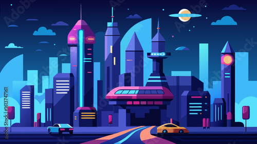 Capturing the vibrant motion of urban traffic lights illuminating city streets, this image showcases a dynamic night skyline of downtown skyscrapers and blurred car trails on a bustling highway