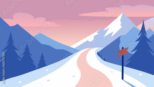 Winter mountain landscape with snow-covered peaks, a pristine ski resort in the Alps, and a vast sky over the cold, white slopes perfect for skiing