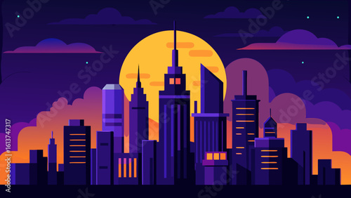 A vibrant urban night skyline panorama with illuminated skyscraper silhouettes against a moonlit sky