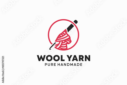 Knitting logo with creative illustration of a cat-shaped ball of wool yarn and knitting needles