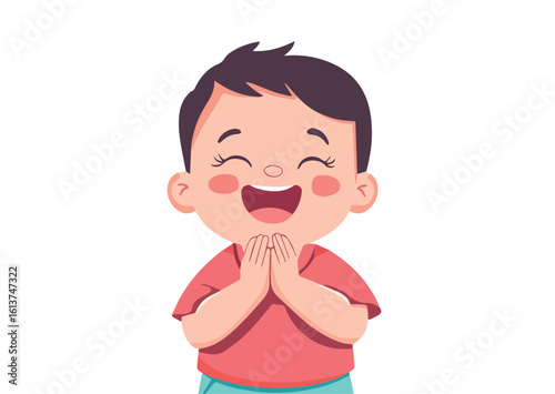 Cute Little Boy Laughing with Hands Clasped Vector Illustration Isolated on White Background Great for Childrens Books, Educational Materials, and Products