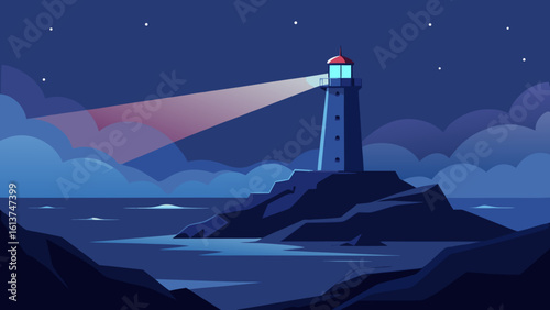 A towering lighthouse casts its guiding light across the dark, nocturnal sea from a rocky coastline