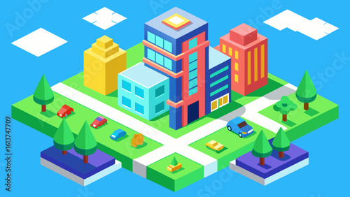 Isometric illustration set of city elements with buildings, houses, and street icons for urban plan design