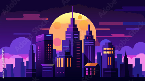 Vibrant urban architecture illuminates the night city skyline, a downtown panorama of modern business towers and abstract building silhouettes