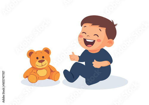 Happy Baby Boy Laughing with Teddy Bear Isolated on White Background Vector Illustration for Childrens Products, Clothing, and Accessories Designs