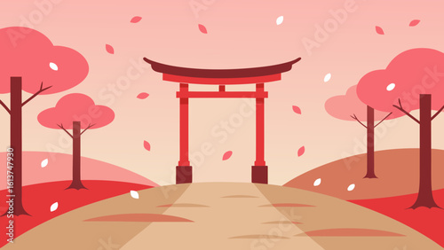 A vibrant vector illustration of a Japanese temple with an abstract background featuring a wooden gate, set against a summer sky