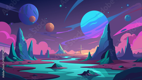 Moonlit fantasy landscape with stars over a tranquil sea