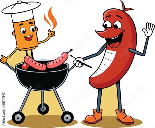 Cartoon vector illustration of a funny family barbecue party with a fat boy grilling food over fire