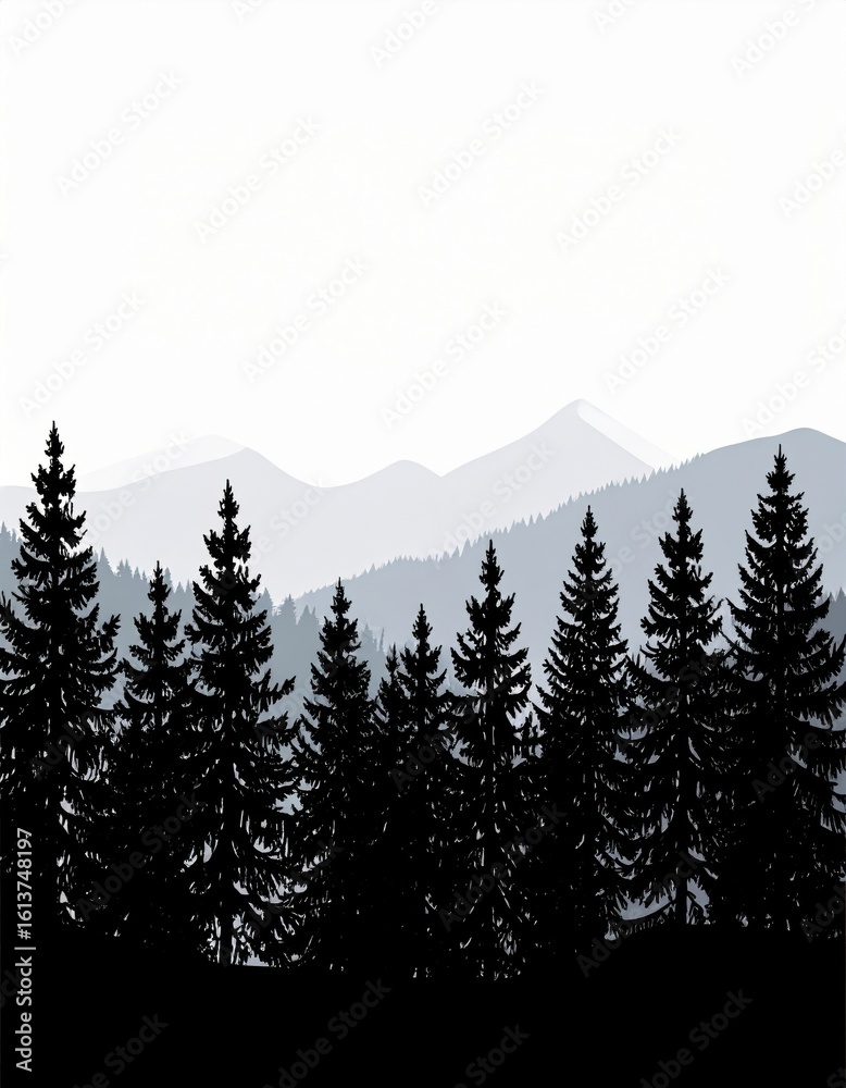 Fototapeta premium Silhouetted pine trees stand tall in the foreground with distant misty mountains creating a calm, layered nature scene in monochrome tones.