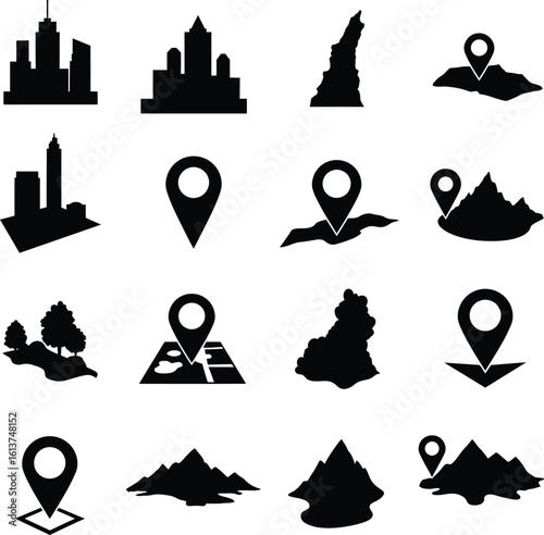 Set of Sixteen Black and White Location and Navigation Icons, Vector Silhouettes Including Map Pin, City Skyline, Mountains, Tree Line, and Geographic Map Shapes.