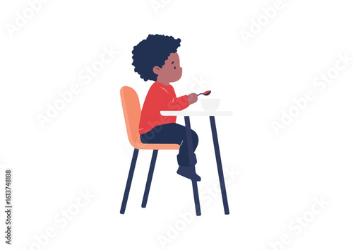 Cute Little Black Boy Sitting at Table and Eating Food from Bowl Vector Illustration Isolated on White Background Baby Led Weaning Infant Nutrition and