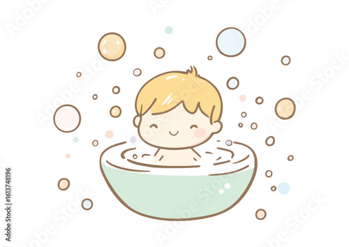 Cute Baby Boy Taking Bath in Basin with Bubbles Vector Illustration Perfect for Baby Products, Shower Gel, Shampoo, Soap, and Bath Toys Packaging Design